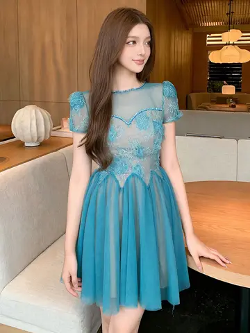 Women Blue Lace Tulle Mini Prom Dress Elegant Sheer O Neck Short Sleeve A‑Line Short Evening Dresses Date Formal Cocktail Party