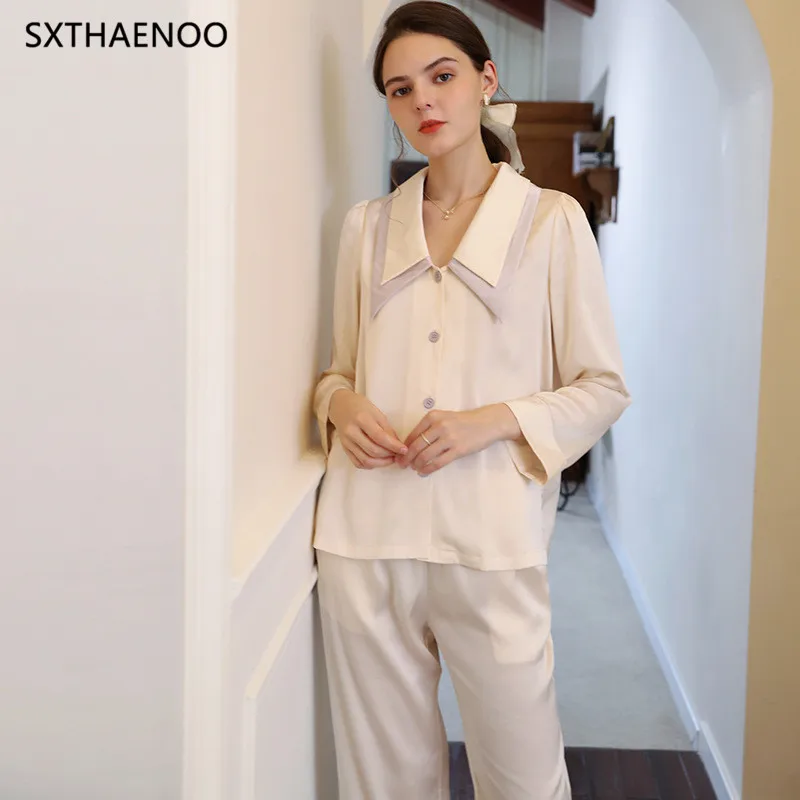 SXTHAENOO French Autumn Women's Silk Pajama Suit 2 Pcs with Long Sleeve Pants Solid Laides Sleepwear Pyjama for Female 2023
SXTHAENOO French Autumn Women's Silk Pajama Suit 2 Pcs with Long Sleeve Pants Solid Laides Sleepwear Pyjama for Female 2023