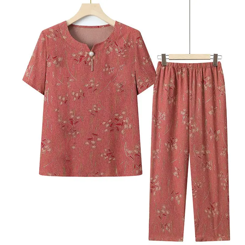 Women Elderly Summer Floral Ice Silk Short Sleeve Top Loose Long Pants Two Piece Casual Outfit
Women Elderly Summer Floral Ice Silk Short Sleeve Top Loose Long Pants Two Piece Casual Outfit