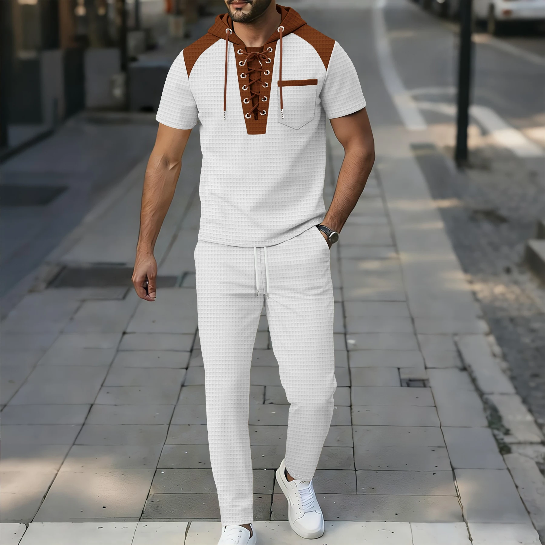 Men's Waffle Knit Lace-Up Hoodie and Pants Set Short Sleeve Color Block Top Elastic Waist Pants 2PCS Streetwear
Men's Waffle Knit Lace-Up Hoodie and Pants Set Short Sleeve Color Block Top Elastic Waist Pants 2PCS Streetwear