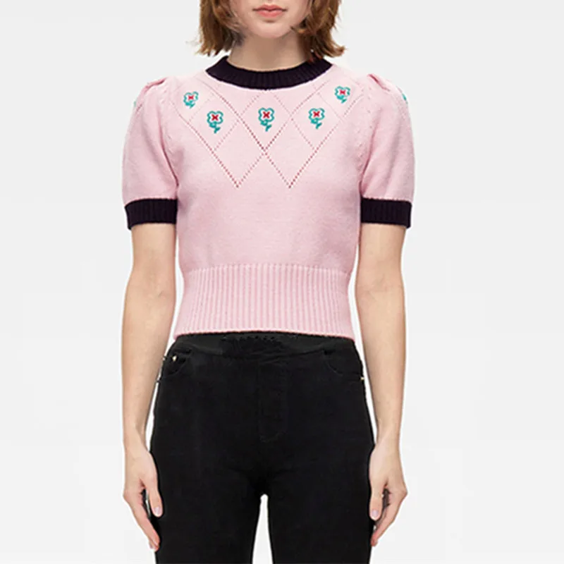 Floral Embroidery Knitted Green T Shirt with Contrast Collar Women 2022 Summer Short Sleeve Sweater Shirt Sweet Pink Crop Tops
Floral Embroidery Knitted Green T Shirt with Contrast Collar Women 2022 Summer Short Sleeve Sweater Shirt Sweet Pink Crop Tops