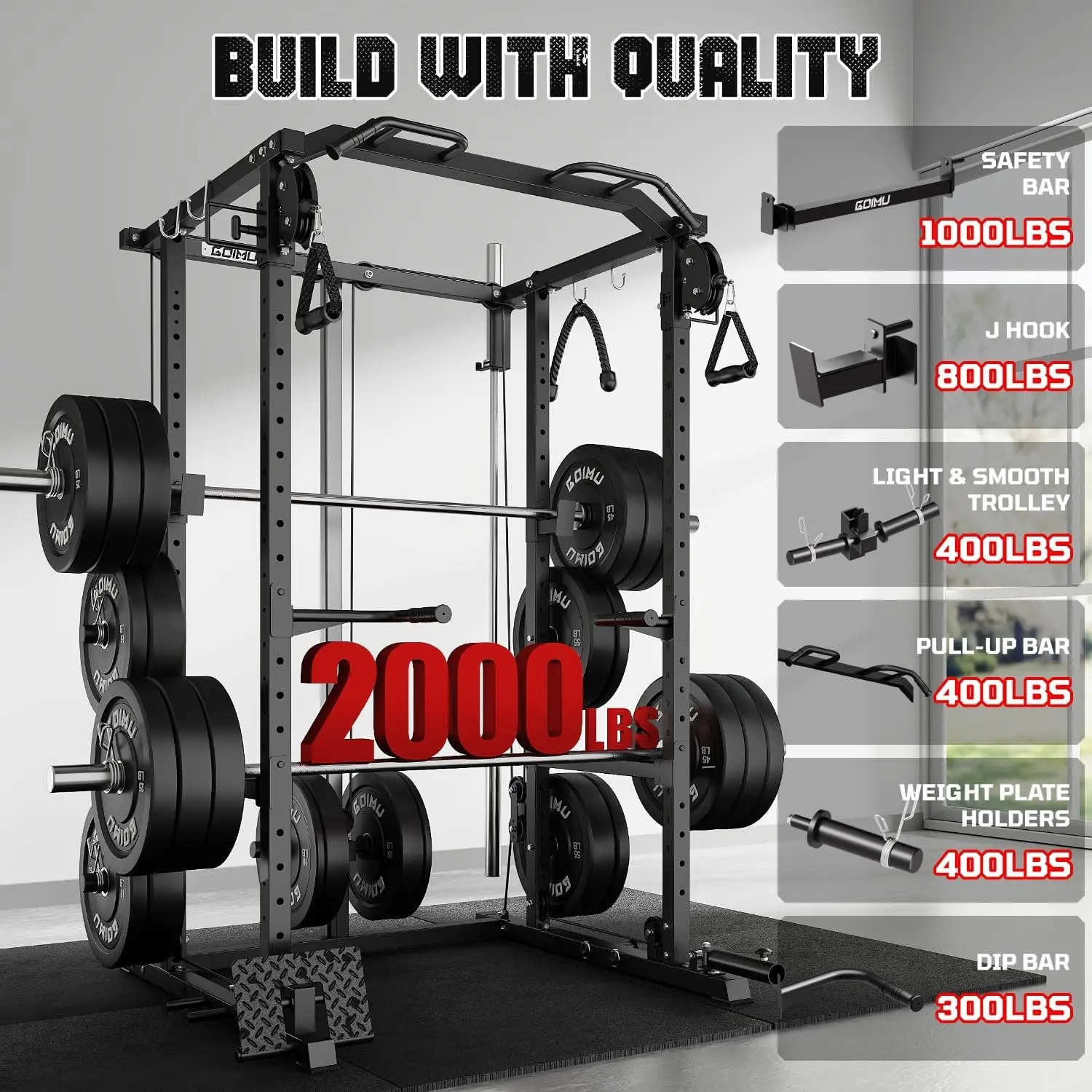 Power Cage Rack, 2000LB Squat Rack with Cable Crossover System, Multi-Function Weight Cage
Power Cage Rack, 2000LB Squat Rack with Cable Crossover System, Multi-Function Weight Cage