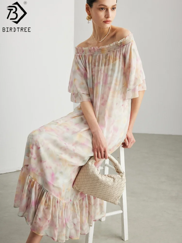 Birdtree,100% Silk Print Dress,Women's Loose Elegant Short Sleeve Boat Neck Dress,French Style,2025 Summer New D5D019JF
Birdtree,100% Silk Print Dress,Women's Loose Elegant Short Sleeve Boat Neck Dress,French Style,2025 Summer New D5D019JF