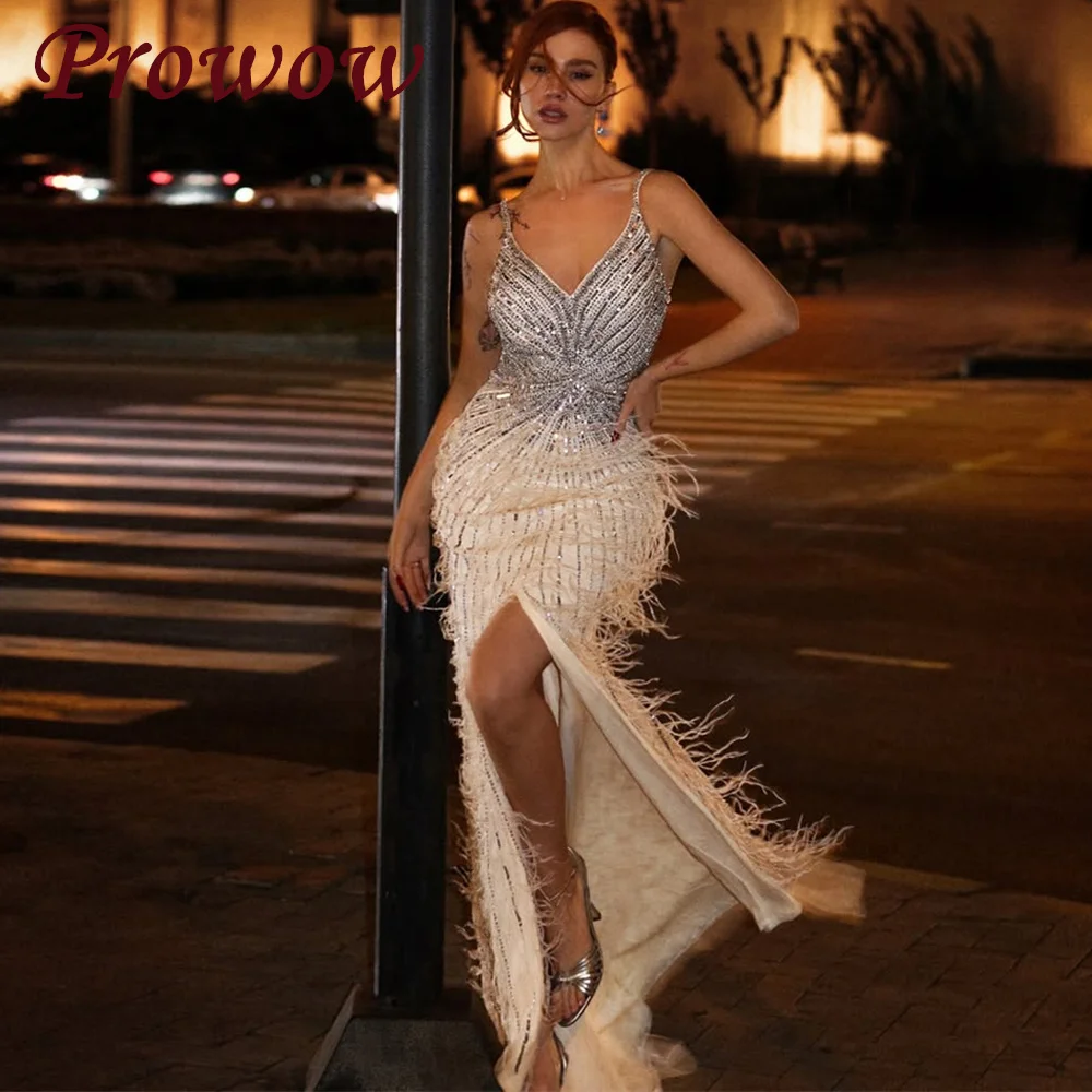 Prowow Luxury Beading Mermaid Formal Evening Dress Pleat Feathers Wedding Party Prom Gowns Customized Side Slit Floor Length
Prowow Luxury Beading Mermaid Formal Evening Dress Pleat Feathers Wedding Party Prom Gowns Customized Side Slit Floor Length