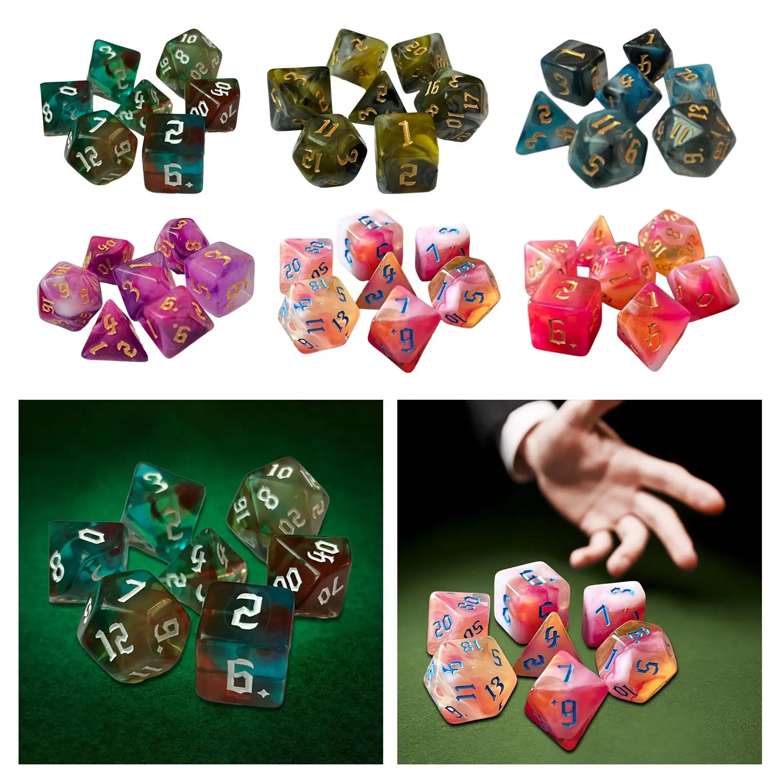 7 Pieces Double Colors Polyhedral Dices D6 D4 D8 D10 (00-90 and 0-9) D12 D20
7 Pieces Double Colors Polyhedral Dices D6 D4 D8 D10 (00-90 and 0-9) D12 D20