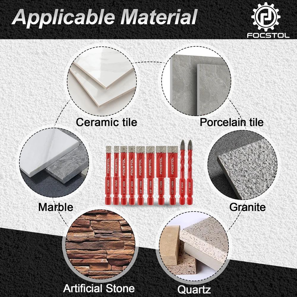 Focstol 10pcs 6/8/10/12mm Diamond Drill Core Bit Hole Saw Drill Bit for Ceramic Marble Tile Granite Carbide Drill Bits HEX Shank
Focstol 10pcs 6/8/10/12mm Diamond Drill Core Bit Hole Saw Drill Bit for Ceramic Marble Tile Granite Carbide Drill Bits HEX Shank
