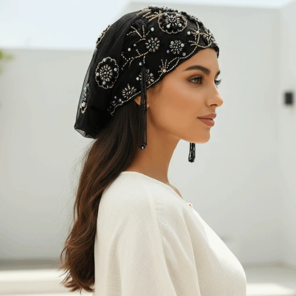 Shiny Beads Turban Hat Long Tassel Sheer Mesh Indian Headscarf Elastic Band Lightweight Beaded Bonnet Fashion Ladies
Shiny Beads Turban Hat Long Tassel Sheer Mesh Indian Headscarf Elastic Band Lightweight Beaded Bonnet Fashion Ladies