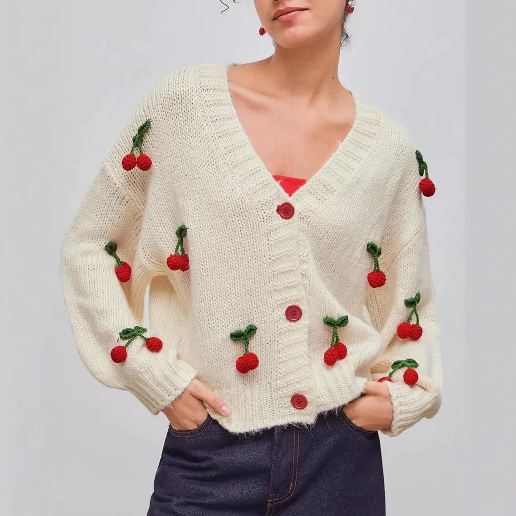 Autumn winter women V-neck sweater versatile cardigan loose trendy cherry decorated single-breasted knitted clothes for women
Autumn winter women V-neck sweater versatile cardigan loose trendy cherry decorated single-breasted knitted clothes for women