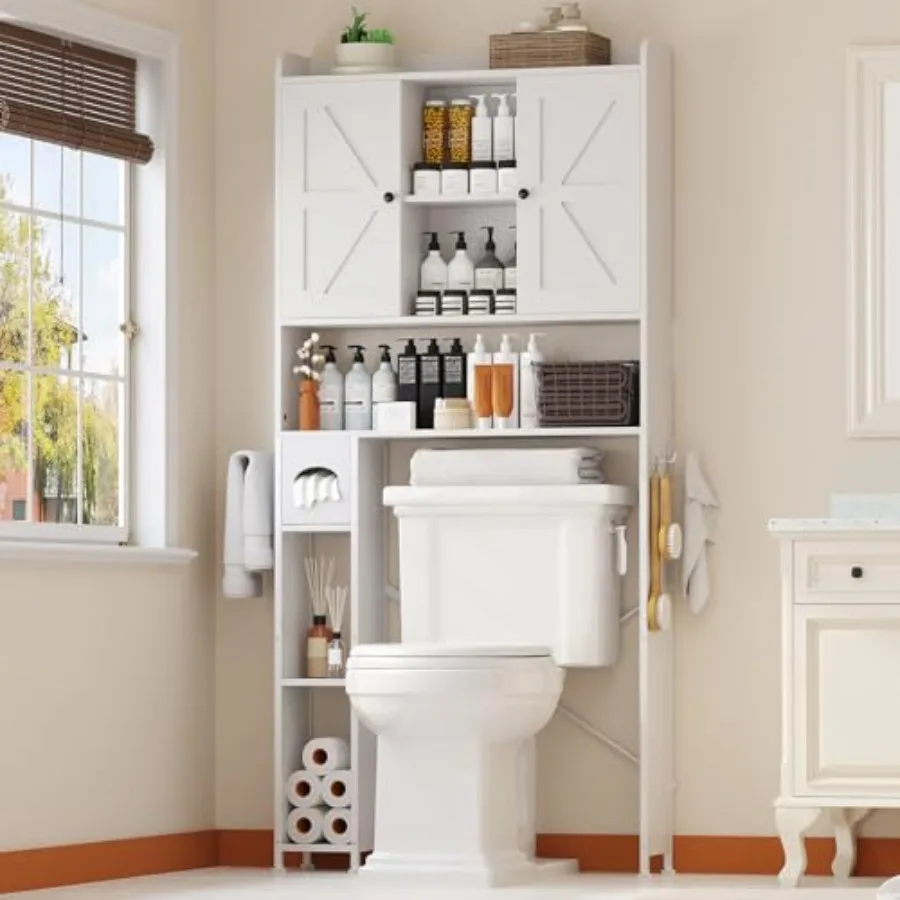 Bathroom over-the-toilet storage cabinet with metal frame white farmhouse-style organizer featuring 7 adjustable shelves and in
Bathroom over-the-toilet storage cabinet with metal frame white farmhouse-style organizer featuring 7 adjustable shelves and in