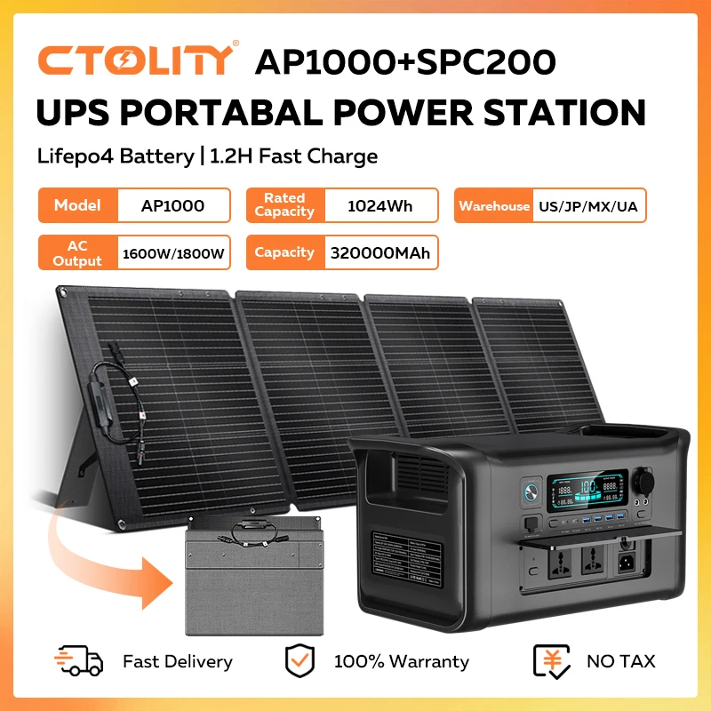 Портативная электростанция CTOLITY AP1000 1800W с солнечной панелью 200W, аварийный источник питания, LiFePO4 аккумулятор 1024Wh, чистая синусоидальная волна
Портативная электростанция CTOLITY AP1000 1800W с солнечной панелью 200W, аварийный источник питания, LiFePO4 аккумулятор 1024Wh, чистая синусоидальная волна