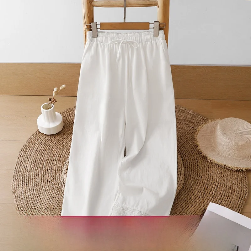 Summer Thin Cotton Linen Wide Leg Pants Women's Casual Straight Cut Embroidered Lace Trim Pants Comfortable Natural Waist
Summer Thin Cotton Linen Wide Leg Pants Women's Casual Straight Cut Embroidered Lace Trim Pants Comfortable Natural Waist