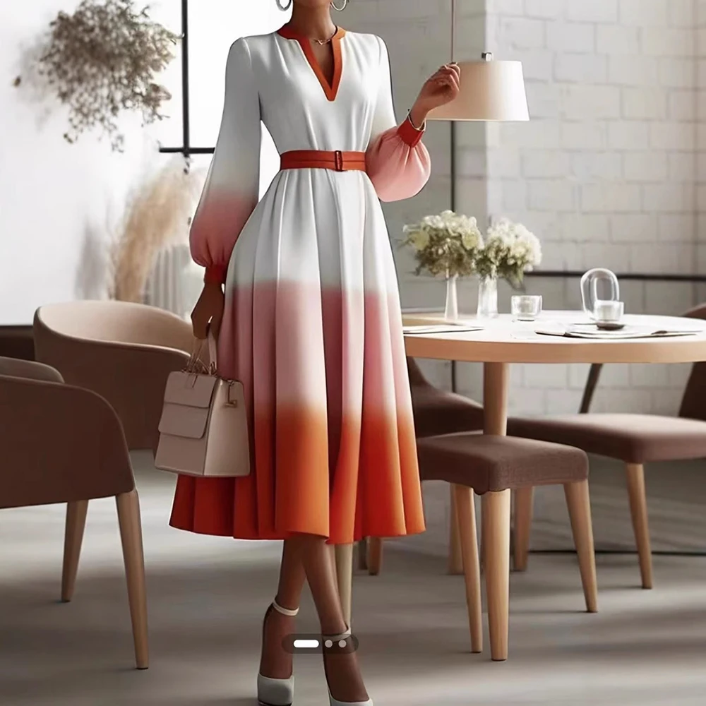 Women's Gradient Elegant Dress Lace-Up Slim High Waist Long Puff Sleeve V-Neck Midi Dress Female Office Lady Temperament Dresses
Women's Gradient Elegant Dress Lace-Up Slim High Waist Long Puff Sleeve V-Neck Midi Dress Female Office Lady Temperament Dresses