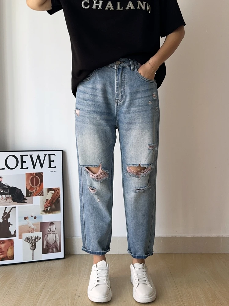 Джинсы женские с высокой талией, узкие, летние, без растяжения, больших размеров, с дырками, в стиле «папа-брюки»
Джинсы женские с высокой талией, узкие, летние, без растяжения, больших размеров, с дырками, в стиле «папа-брюки»