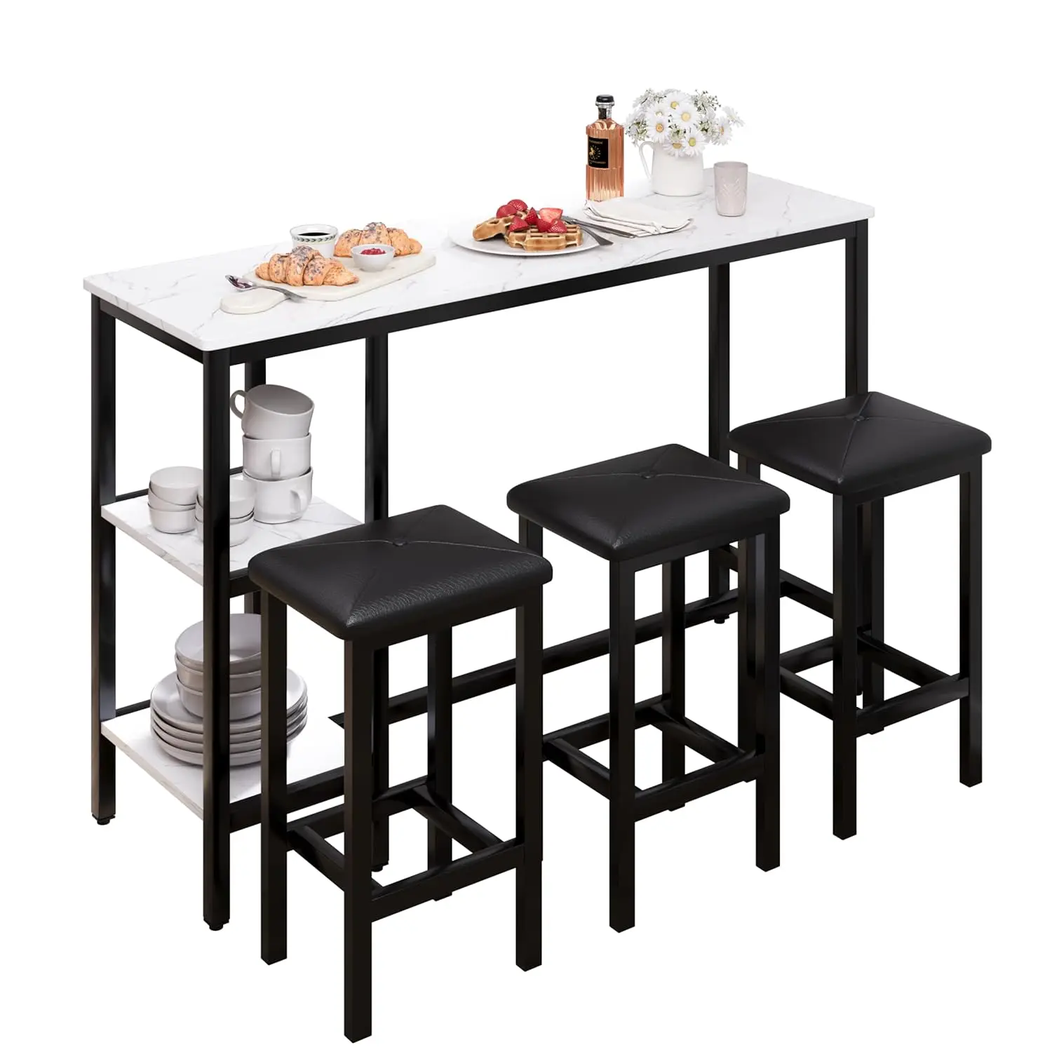 4pc Faux Marble Bar Table & Chair Set 57" Behind Couch PU Stools 2-Tier Shelves Space-Saving Home Apartment, Customized
4pc Faux Marble Bar Table & Chair Set 57" Behind Couch PU Stools 2-Tier Shelves Space-Saving Home Apartment, Customized