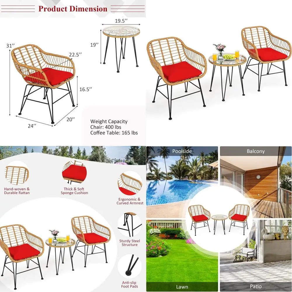 Комплект для патио из 3 предметов: плетеные стулья и стол со стеклянной столешницей
Комплект для патио из 3 предметов: плетеные стулья и стол со стеклянной столешницей