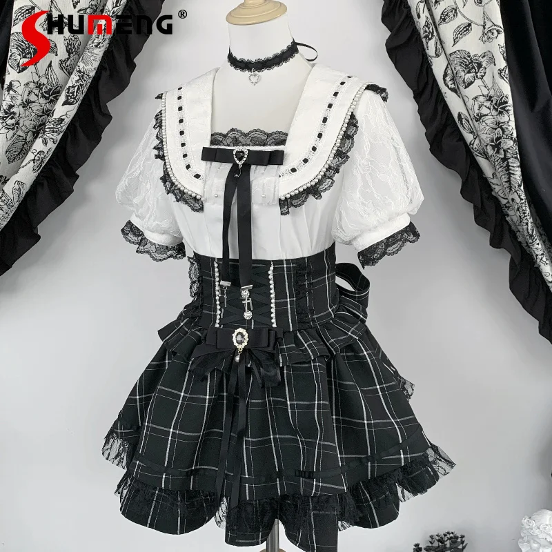 Japanese Gothic Lolita Blouse Sailor Collar Lace Puff Sleeves Cross Bow Choker Sweet Dark Aesthetic Short Sleeve Shirt Top Women
Japanese Gothic Lolita Blouse Sailor Collar Lace Puff Sleeves Cross Bow Choker Sweet Dark Aesthetic Short Sleeve Shirt Top Women