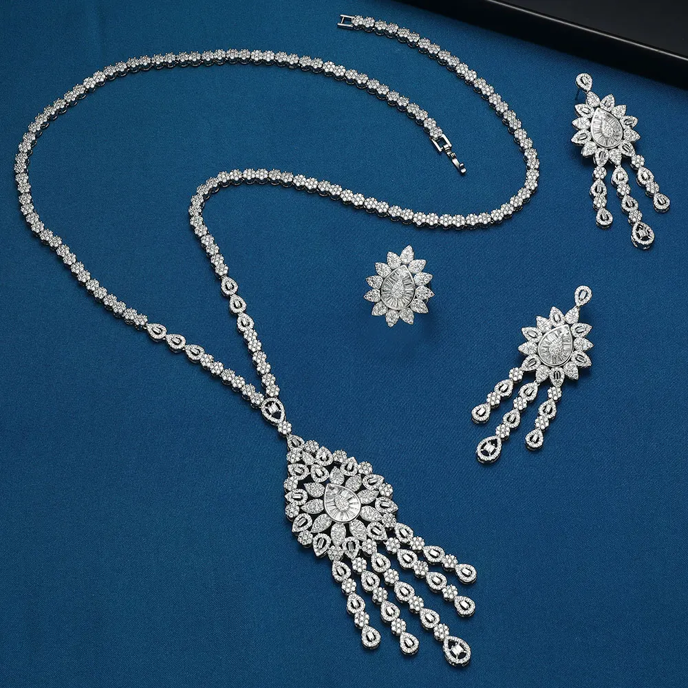Classic Long Sweater Chain Tassel Necklace Earring Ring Sets Dubai Qutar Cubic Zirconia Wedding Bridal Jewelry Set
Classic Long Sweater Chain Tassel Necklace Earring Ring Sets Dubai Qutar Cubic Zirconia Wedding Bridal Jewelry Set