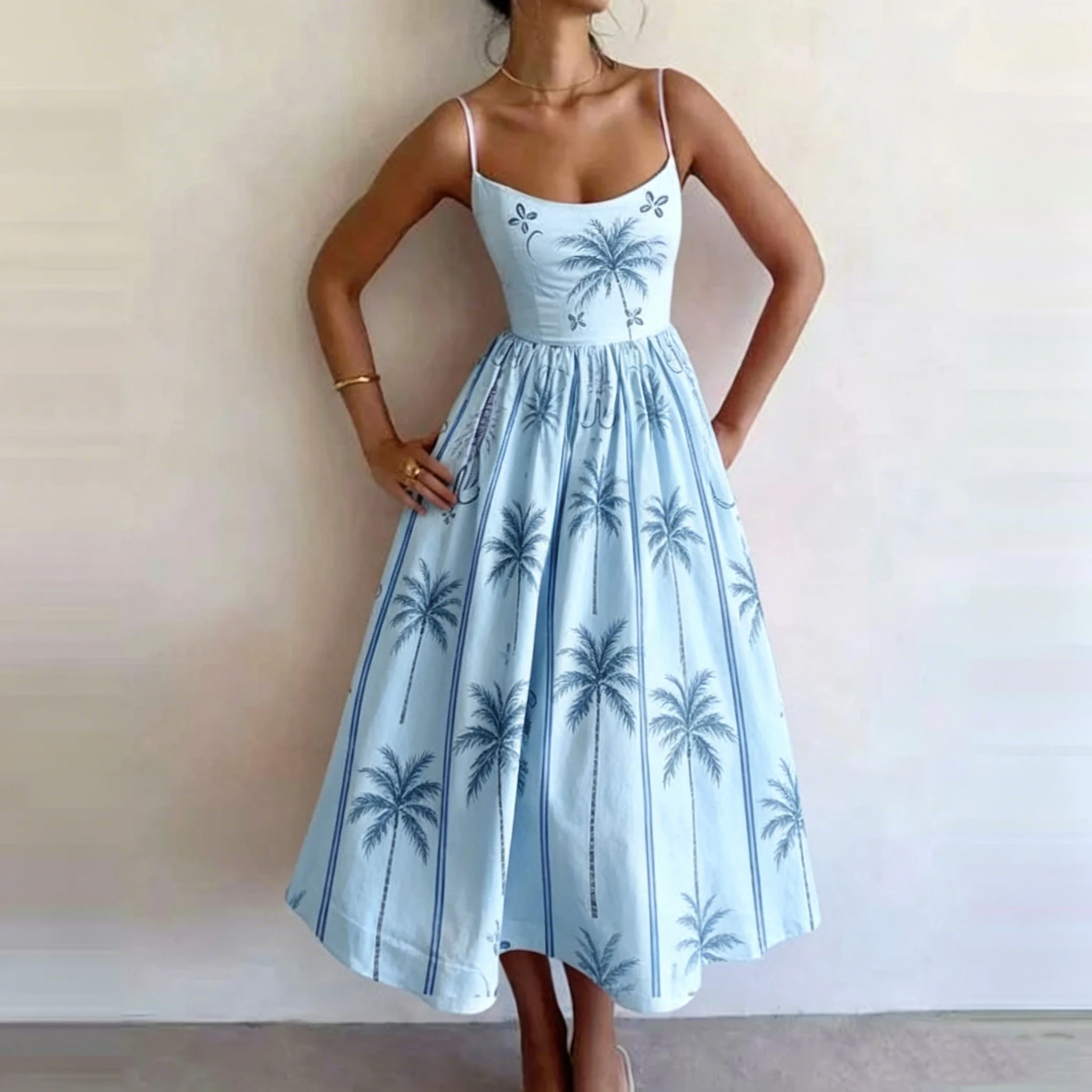 Women's Summer Light Blue Print Spaghetti Strap Midi Dress A-Line High Waist Casual Elegant Coastal Style Beach Sundress
Women's Summer Light Blue Print Spaghetti Strap Midi Dress A-Line High Waist Casual Elegant Coastal Style Beach Sundress