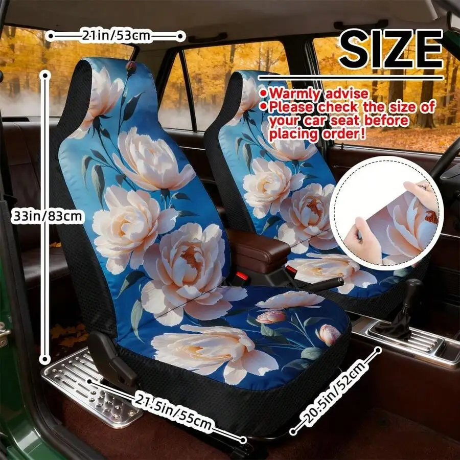 Universal Front Seat Covers With White Peonies Print, Machine Washable, Easy Installation
Universal Front Seat Covers With White Peonies Print, Machine Washable, Easy Installation
