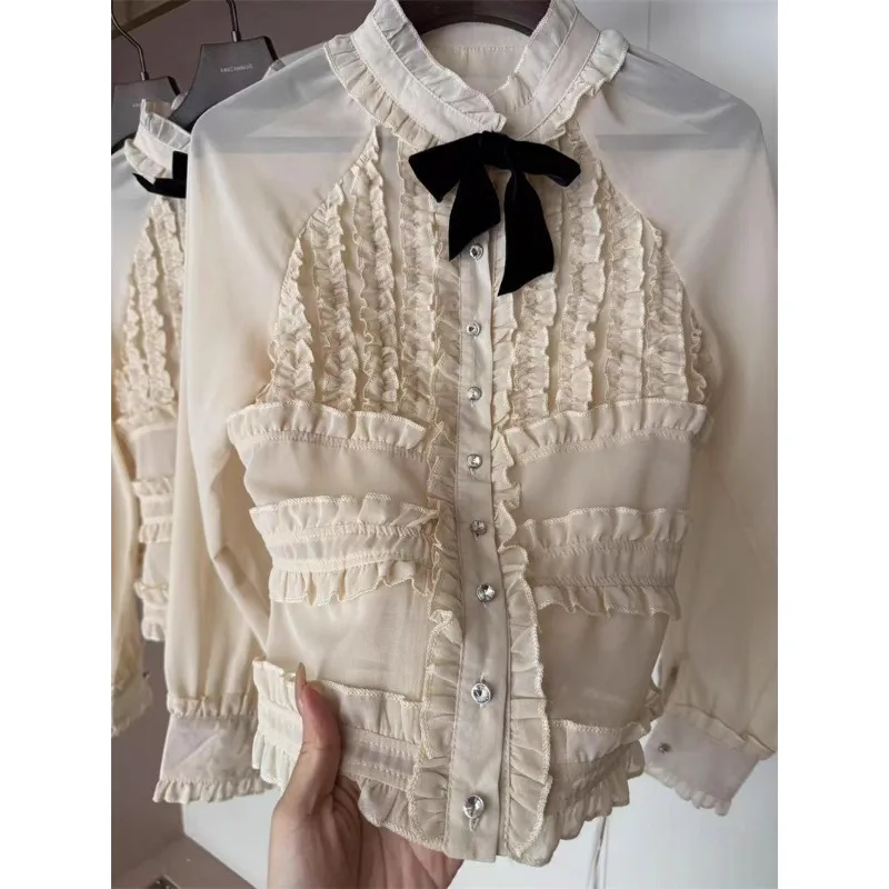 Французский топ, кружевная рубашка с рюшами и воротником-стойкой, рубашка с длинными рукавами, новый стиль, шикарная верхняя одежда, осенняя женская одежда
Французский топ, кружевная рубашка с рюшами и воротником-стойкой, рубашка с длинными рукавами, новый стиль, шикарная верхняя одежда, осенняя женская одежда