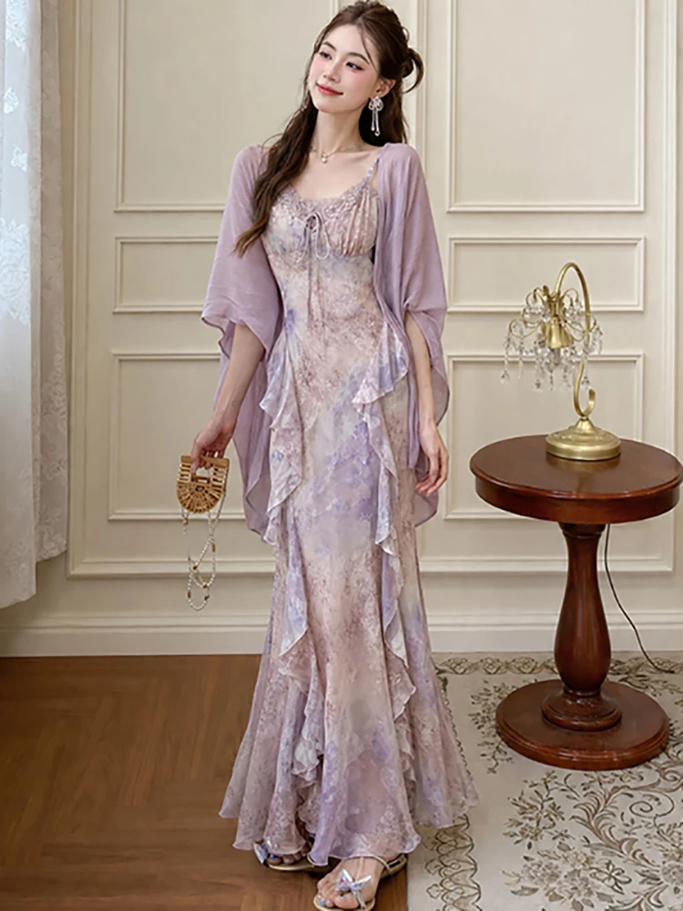 Women Summer Korean Elegant Causal Holiday Dress Sets 2026 Purple Floral Chiffon Ruffled Long Dresses+Top Shirts Two Piece Suits
Women Summer Korean Elegant Causal Holiday Dress Sets 2026 Purple Floral Chiffon Ruffled Long Dresses+Top Shirts Two Piece Suits
