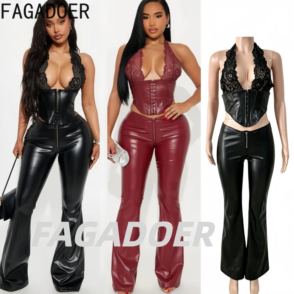 FAGADOER Sexy Solid Color 2 Pieces Set for Woman Lace Halter Deep V-neck Backless Crop Top and Leather Pants Female Streetwear
FAGADOER Sexy Solid Color 2 Pieces Set for Woman Lace Halter Deep V-neck Backless Crop Top and Leather Pants Female Streetwear