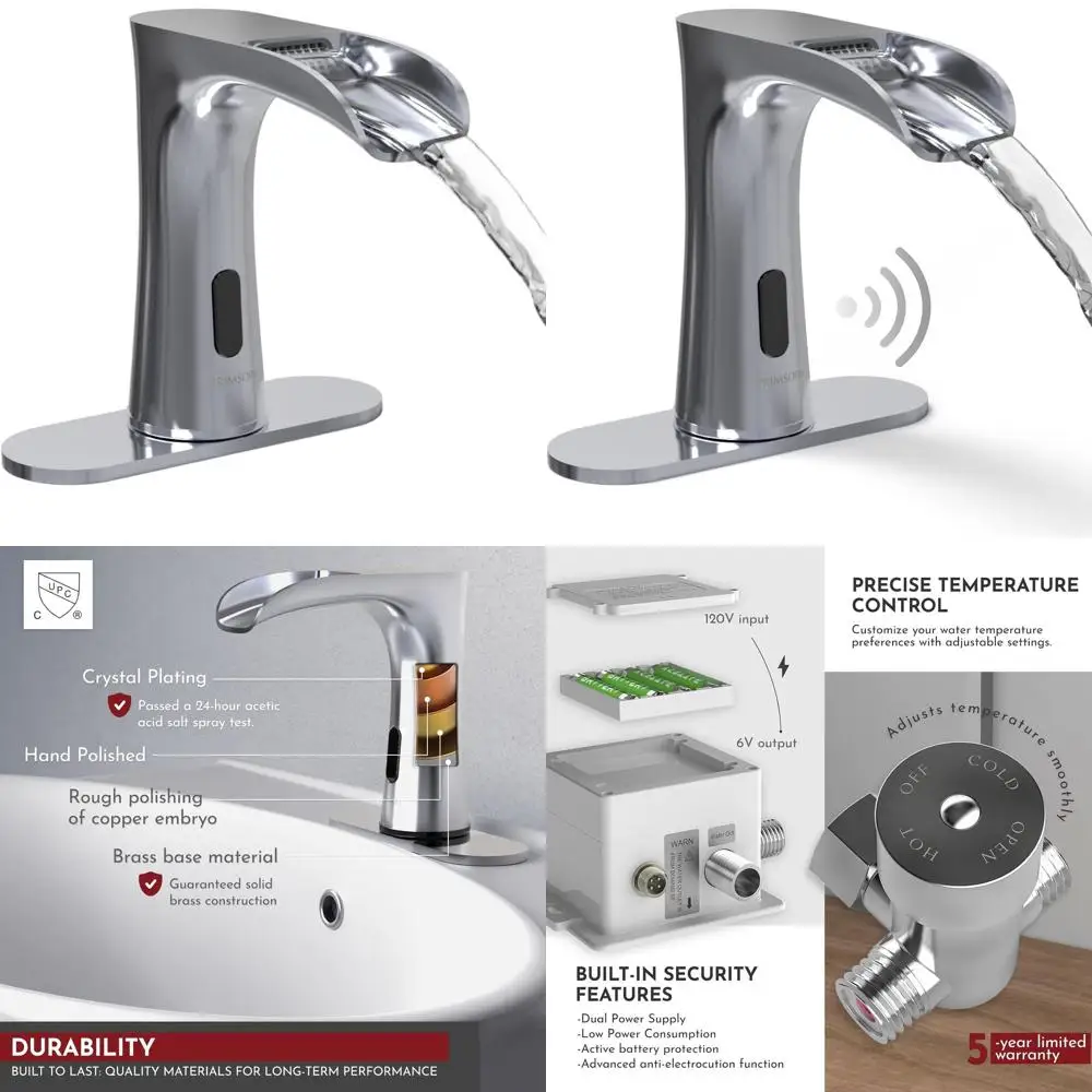 Touchless Infrared Sensor Faucet, Battery/Plug-in, Chrome Finish, for Commercial Bathroom Sinks
Touchless Infrared Sensor Faucet, Battery/Plug-in, Chrome Finish, for Commercial Bathroom Sinks