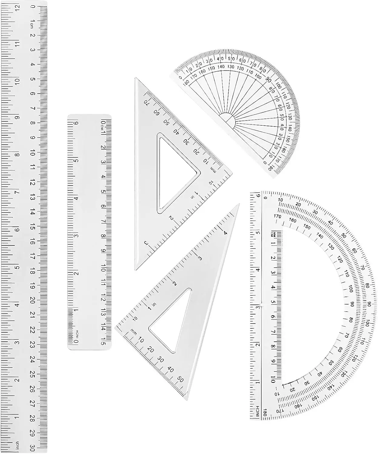 6 Pcs Clear Plastic Math Geometry Set: Protractor, Triangle Rulers, 12" & 6" Straight Rulers for School Office