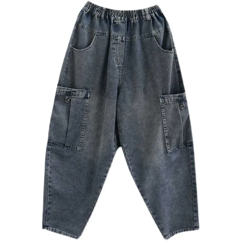 2023 Spring Autumn New Arts Style Women Elastic Waist Cotton Denim Harem Pants Double Pocket Design Vintage Loose Jeans C923
2023 Spring Autumn New Arts Style Women Elastic Waist Cotton Denim Harem Pants Double Pocket Design Vintage Loose Jeans C923