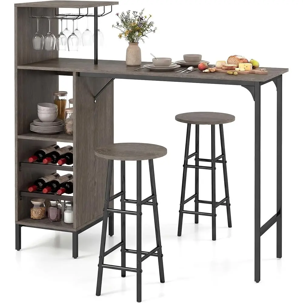 Oak Gray 3-Piece Bar Table with Stools, Bistro Set, Glass Holder, 2-Tier Wine Rack & Storage Shelves for Kitchen or Dining Area
Oak Gray 3-Piece Bar Table with Stools, Bistro Set, Glass Holder, 2-Tier Wine Rack & Storage Shelves for Kitchen or Dining Area