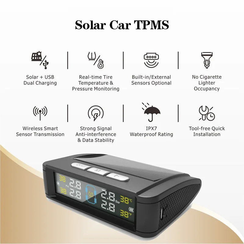 Solar Wireless Tire Pressure Monitoring System TPMS Auto Security Alarm Device With 4 sensors Digital Colorful Display
Solar Wireless Tire Pressure Monitoring System TPMS Auto Security Alarm Device With 4 sensors Digital Colorful Display