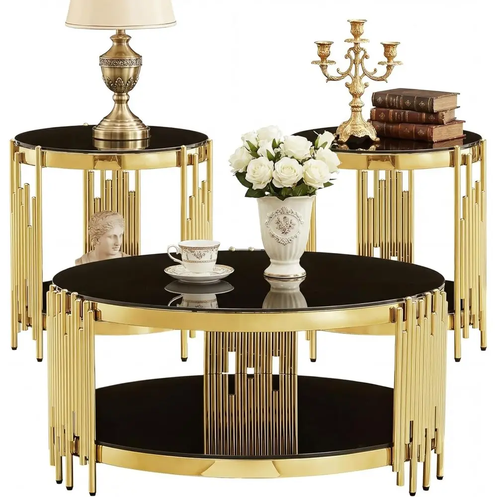 Gold and Black Round Glass Coffee Table Set of 3, Including 1 Coffee Table and 2 End Tables, Stainless Steel Base with Tempered
Gold and Black Round Glass Coffee Table Set of 3, Including 1 Coffee Table and 2 End Tables, Stainless Steel Base with Tempered