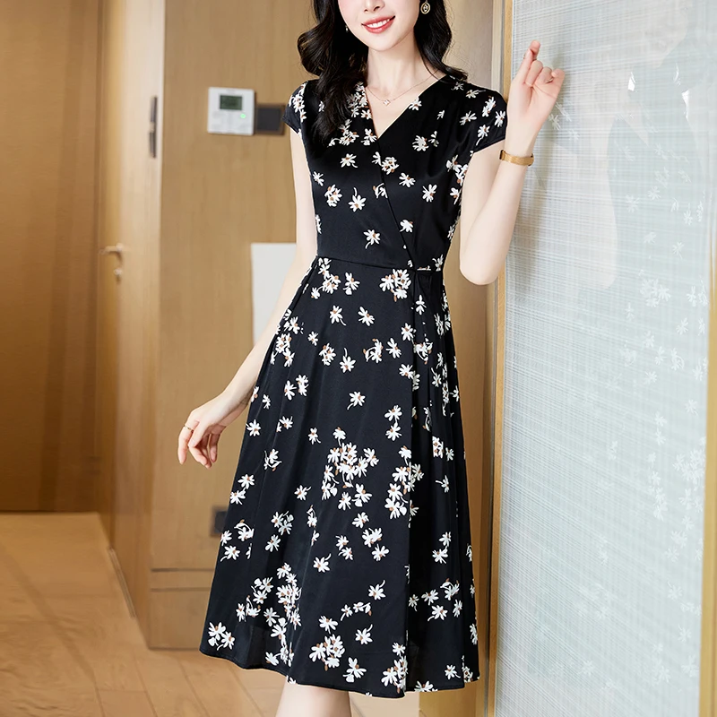 Summer Dresses For Women V-neck Short Sleeve Elegant Chic Women's Floral Print Dress A-line 19mm Real Silk Satin Long Dress
Summer Dresses For Women V-neck Short Sleeve Elegant Chic Women's Floral Print Dress A-line 19mm Real Silk Satin Long Dress