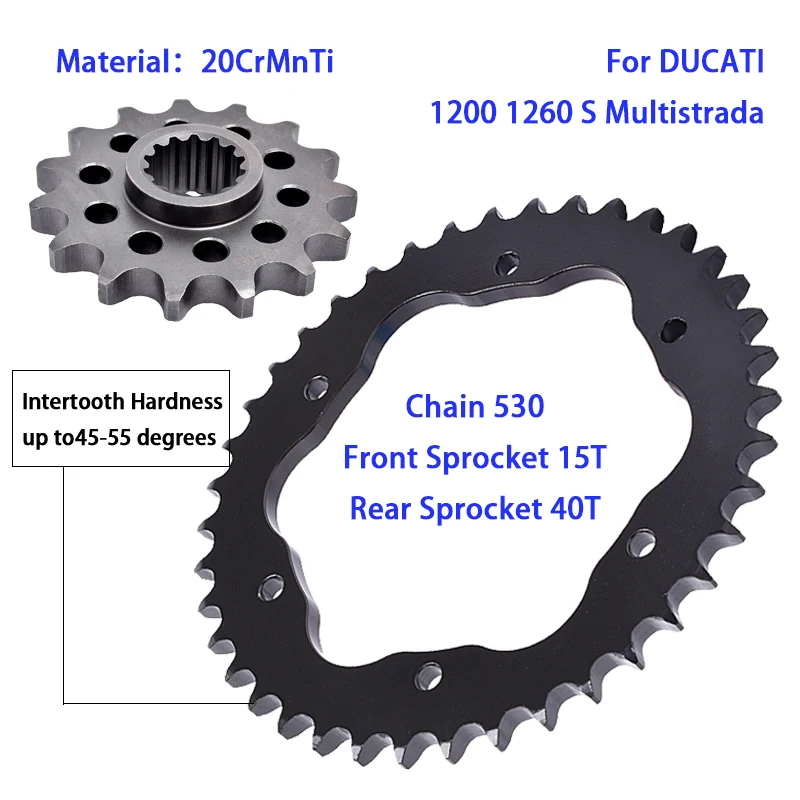 530 15T 40T For DUCATI Multistrada 1200 1260 S DVT ABS 2010-2016 2017 2018 2019 2020 2021 2022 Motorcycle Front & Rear Sprocket
530 15T 40T For DUCATI Multistrada 1200 1260 S DVT ABS 2010-2016 2017 2018 2019 2020 2021 2022 Motorcycle Front & Rear Sprocket