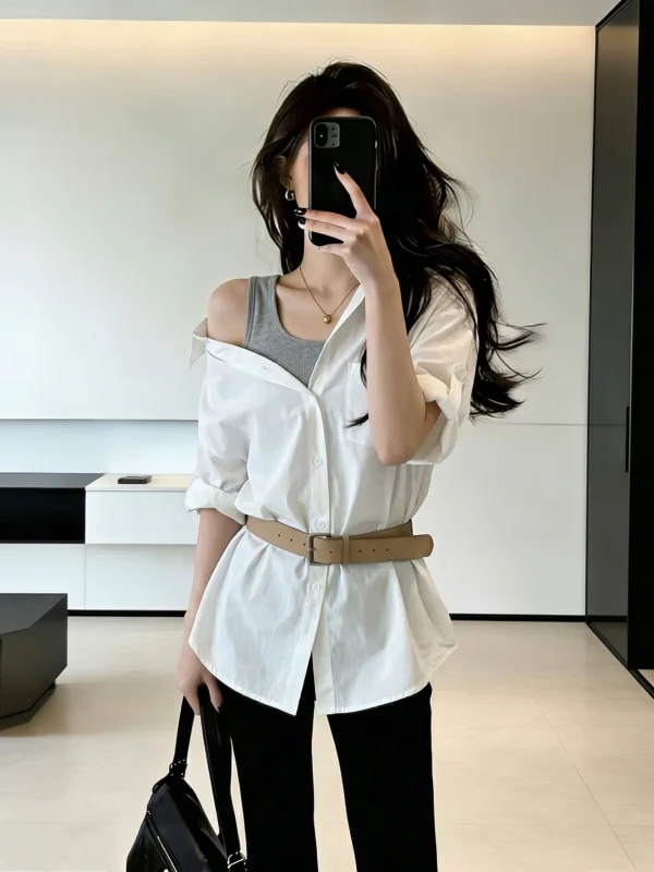 Shoulder Bared Short Sleeve Shirt for Women plus Size Midi Length Waist Inward Design Korean Style Commute Wind Summer New Ar...
Shoulder Bared Short Sleeve Shirt for Women plus Size Midi Length Waist Inward Design Korean Style Commute Wind Summer New Ar...
