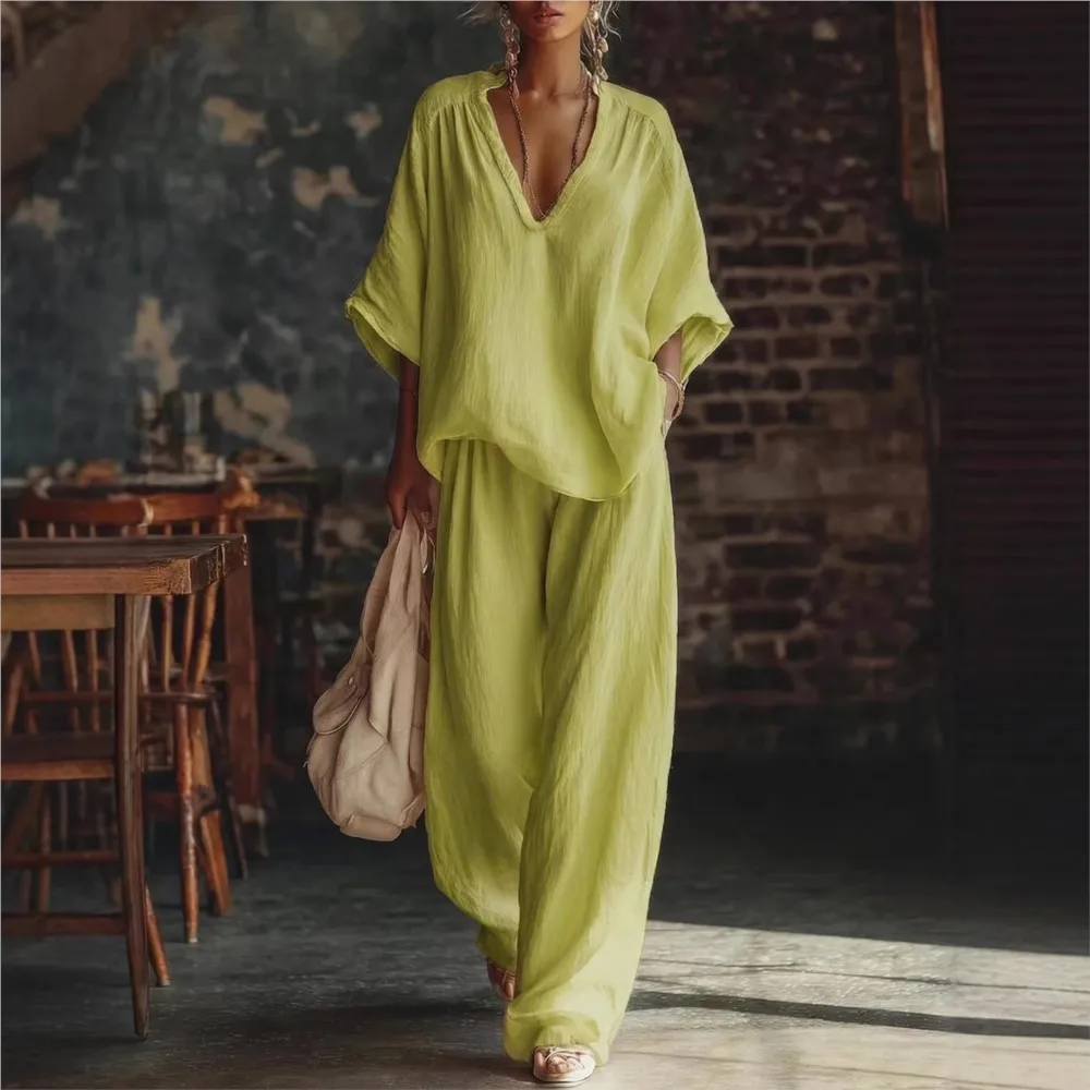 Fashion V-neck Short-sleeved Loose Top Women's Suit Summer New Casual Retro Female Vacation Lazy Trousers 2-piece Set 2026
Fashion V-neck Short-sleeved Loose Top Women's Suit Summer New Casual Retro Female Vacation Lazy Trousers 2-piece Set 2026