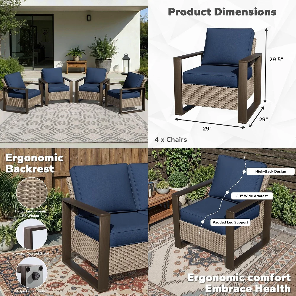 Outdoor Patio Chairs Set, 4 Pieces Wicker Rattan Chairs with Metal Wide Armrest, Thick Cushions and Deep Seating for Garden, Ba
Outdoor Patio Chairs Set, 4 Pieces Wicker Rattan Chairs with Metal Wide Armrest, Thick Cushions and Deep Seating for Garden, Ba