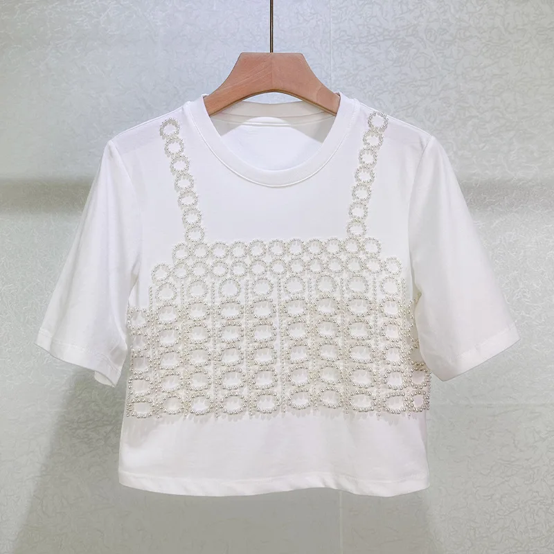 Round Neck T-plate White Pure Cotton Elegant Pearl Beaded Versatile Design Short-sleeved Top 2025 Summer Women's Clothing Y2k
Round Neck T-plate White Pure Cotton Elegant Pearl Beaded Versatile Design Short-sleeved Top 2025 Summer Women's Clothing Y2k