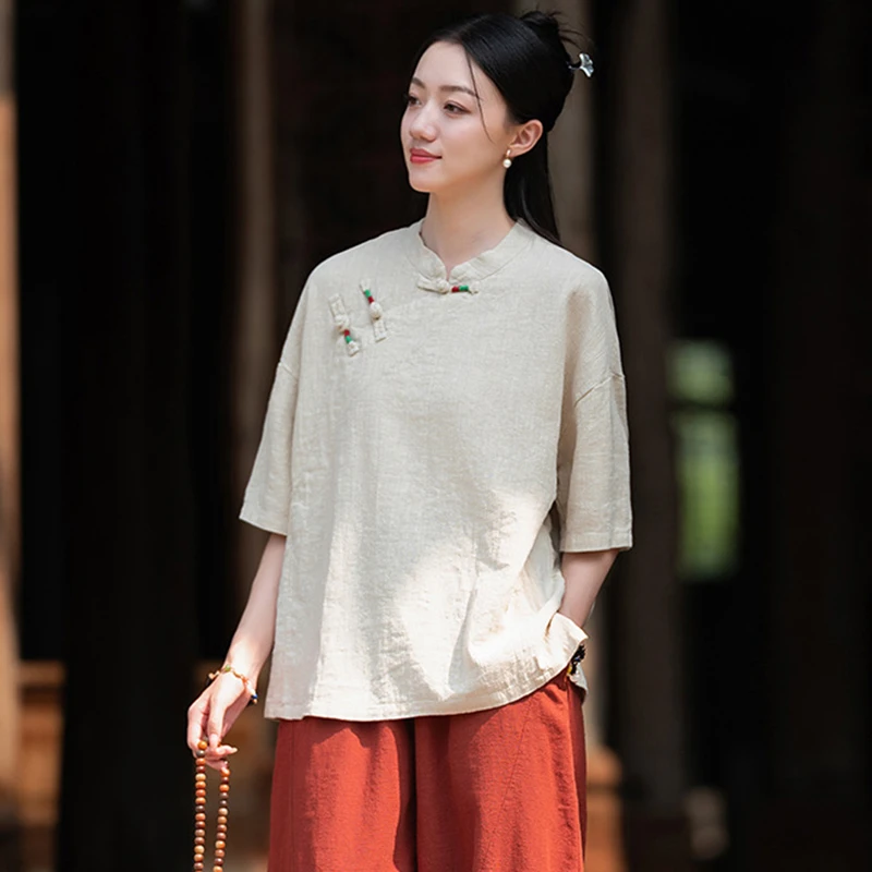 Chinese Style Women Short Sleeve Casual T-shirts New 2025 Vintage Stand Collar Solid Color Female Cotton Linen Tops Tees M580
Chinese Style Women Short Sleeve Casual T-shirts New 2025 Vintage Stand Collar Solid Color Female Cotton Linen Tops Tees M580