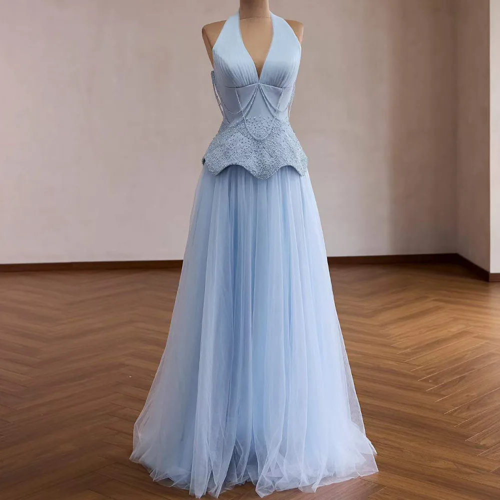 2026 Light Blue Halter Sleeveless Evening Dress Beaded Customizable Women's Robe De Soirée Elegant Gown For Formal Occasions
2026 Light Blue Halter Sleeveless Evening Dress Beaded Customizable Women's Robe De Soirée Elegant Gown For Formal Occasions