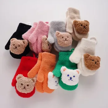 1-4Y 만화 곰 아기 장갑 겨울 따뜻한 키즈 아기 소녀 장갑 니트 어린이 유아 두꺼운 젖니가있는 벙어리 장갑 핸즈 첸