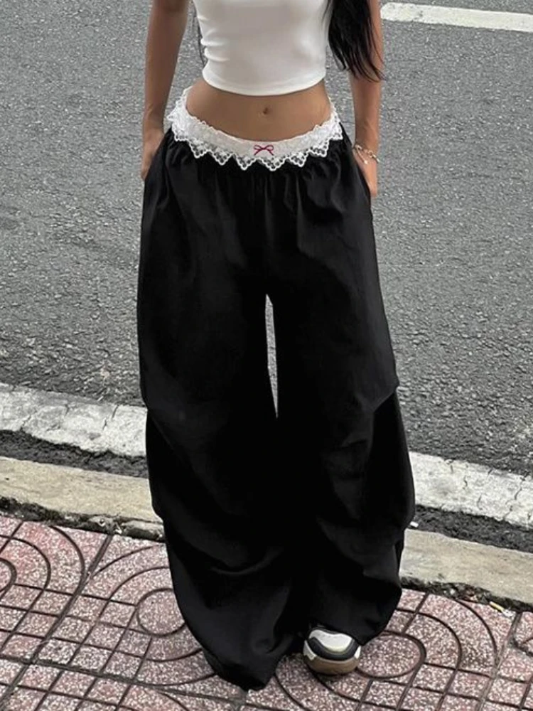 HOUZHOU Vintage Lace Patchwork Pants Women Y2k Streetwear Low Rise Wide Leg Trousers Korean Fashion Casual Black Baggy Pants
HOUZHOU Vintage Lace Patchwork Pants Women Y2k Streetwear Low Rise Wide Leg Trousers Korean Fashion Casual Black Baggy Pants