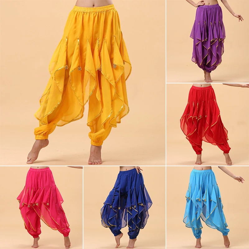 Belly Dance Pants Women Chiffon Harem Trousers with Gold Trim Tribal Arabic Dance Costume Flowy Stage Performance Pants Party
Belly Dance Pants Women Chiffon Harem Trousers with Gold Trim Tribal Arabic Dance Costume Flowy Stage Performance Pants Party