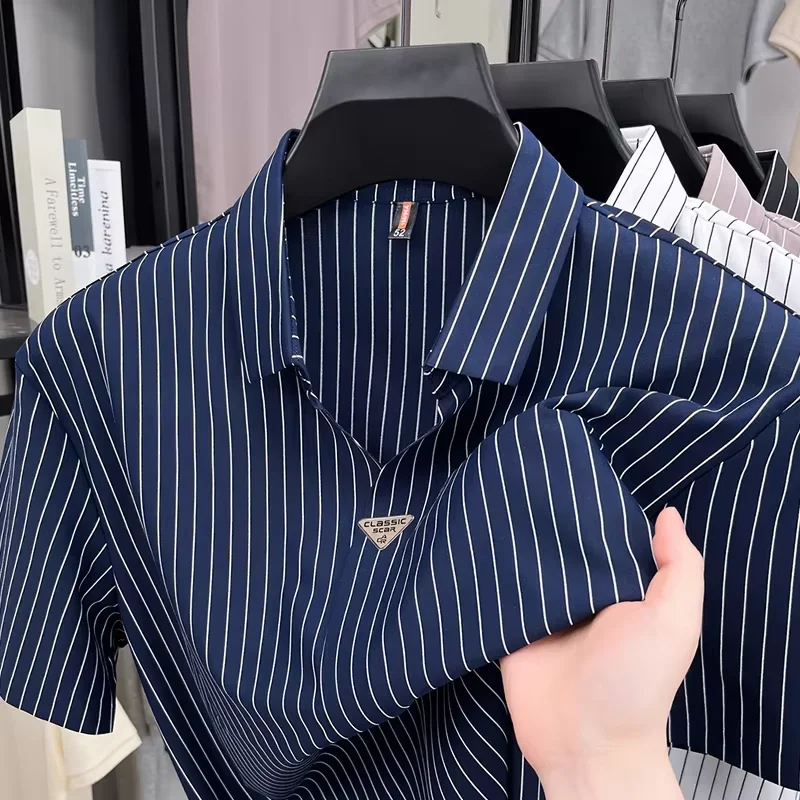 High quality buttonless scissors neck short sleeve polo shirt men fashion stripes summer ice silk breathable personality T-shirt
High quality buttonless scissors neck short sleeve polo shirt men fashion stripes summer ice silk breathable personality T-shirt