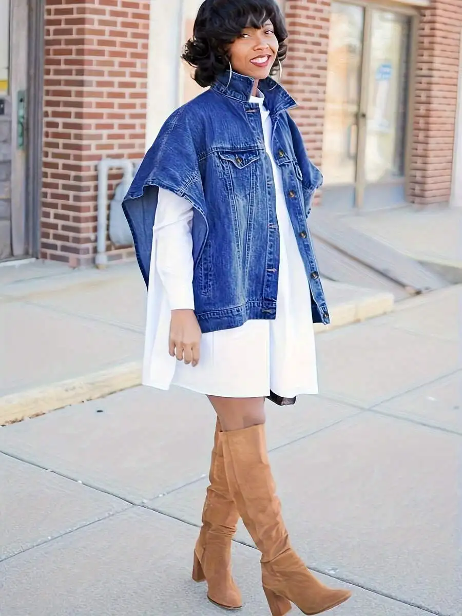 Women Denim Cape Coat With Lapel Collar Sleeveless Casual Outerwear
Women Denim Cape Coat With Lapel Collar Sleeveless Casual Outerwear