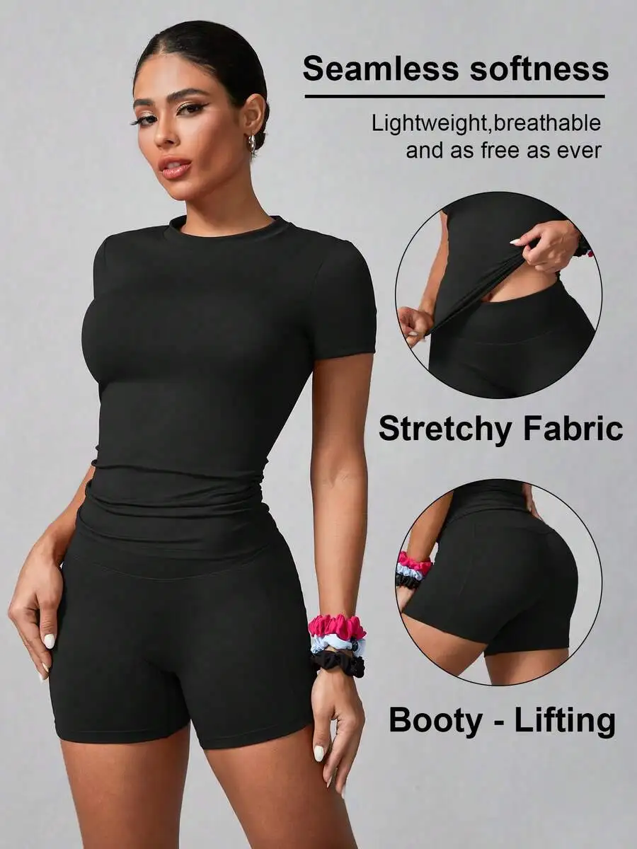 Womens Solid Color Short Sleeve Sports Set Black Stretchy Breathable Shorts
Womens Solid Color Short Sleeve Sports Set Black Stretchy Breathable Shorts