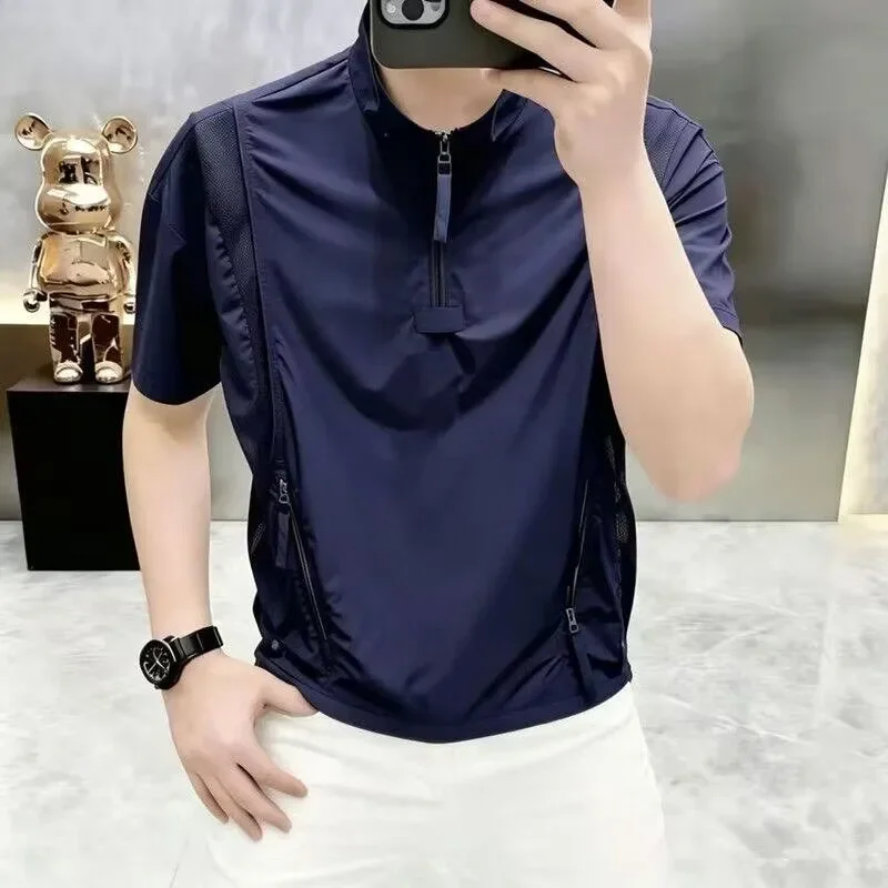 Men's Navy Blue Short Sleeve Mock Neck Zipper T Shirt Breathable Casual Top for Daily Wear Summer
Men's Navy Blue Short Sleeve Mock Neck Zipper T Shirt Breathable Casual Top for Daily Wear Summer