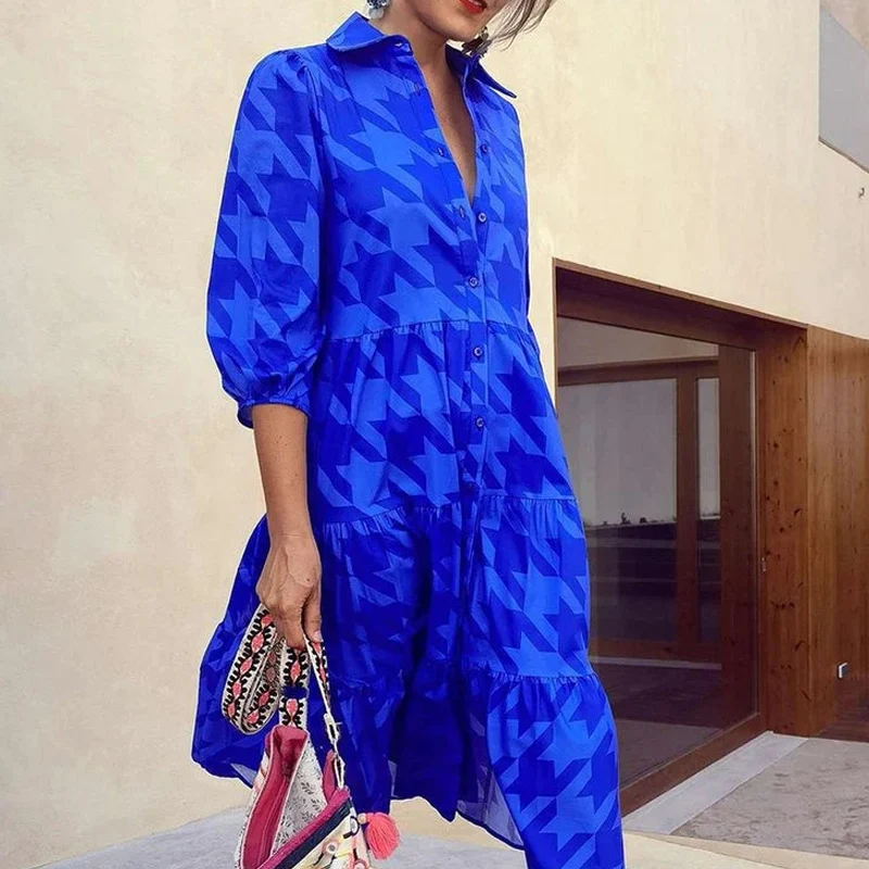 Fashion Blue Printed Women Shirt Dress Fall Casual Half Sleeve Patchwork Pleat A-Line Dress Female Buttoned V Collar Loose Dress
Fashion Blue Printed Women Shirt Dress Fall Casual Half Sleeve Patchwork Pleat A-Line Dress Female Buttoned V Collar Loose Dress