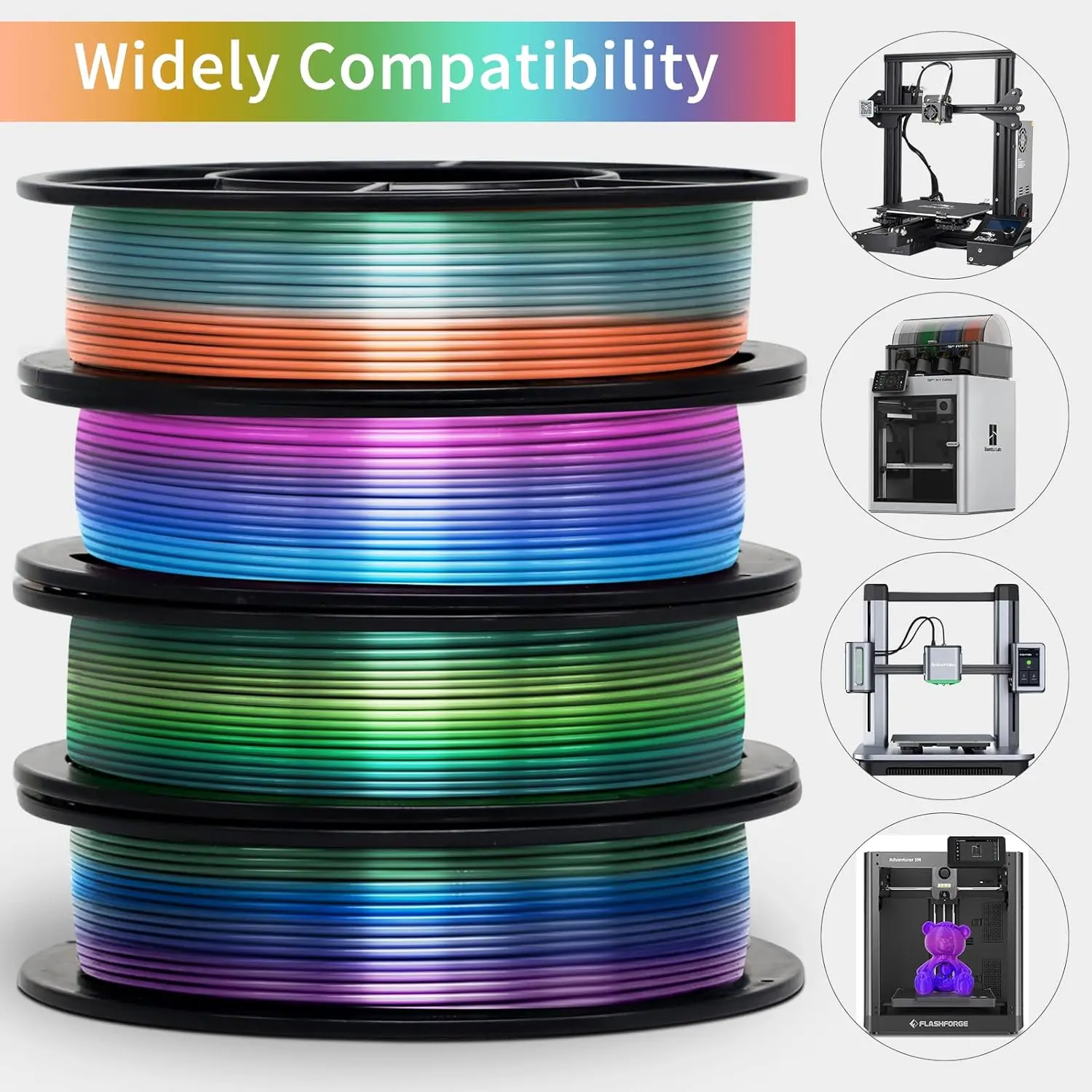 Silk Shiny 4 COLOR Rainbow Multi Colored Fast Color Change PLA 4 in 1 3D Printer Filament,Compatible with Most FDM Printers
Silk Shiny 4 COLOR Rainbow Multi Colored Fast Color Change PLA 4 in 1 3D Printer Filament,Compatible with Most FDM Printers
