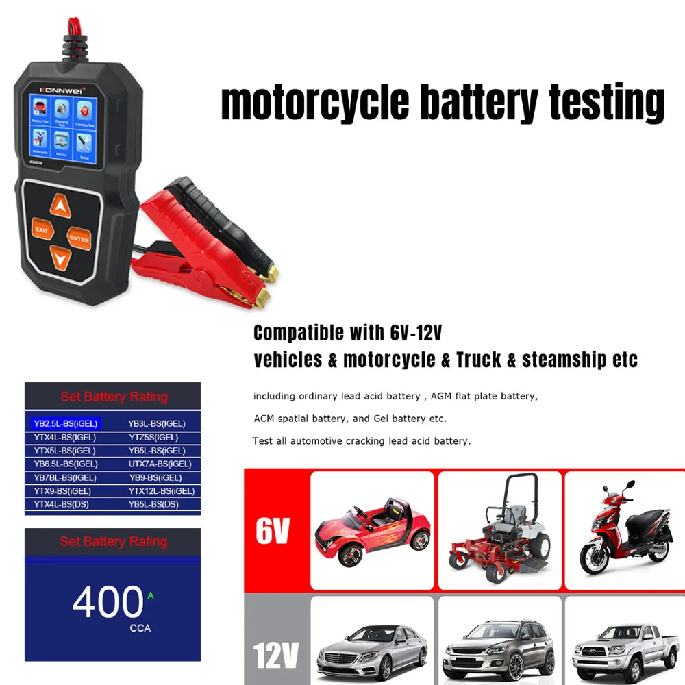 New KW218 6-12V Car Motorcycle Battery Tester Portable Starter Battery Detection Analyzer for Vehicle Battery Testing
New KW218 6-12V Car Motorcycle Battery Tester Portable Starter Battery Detection Analyzer for Vehicle Battery Testing